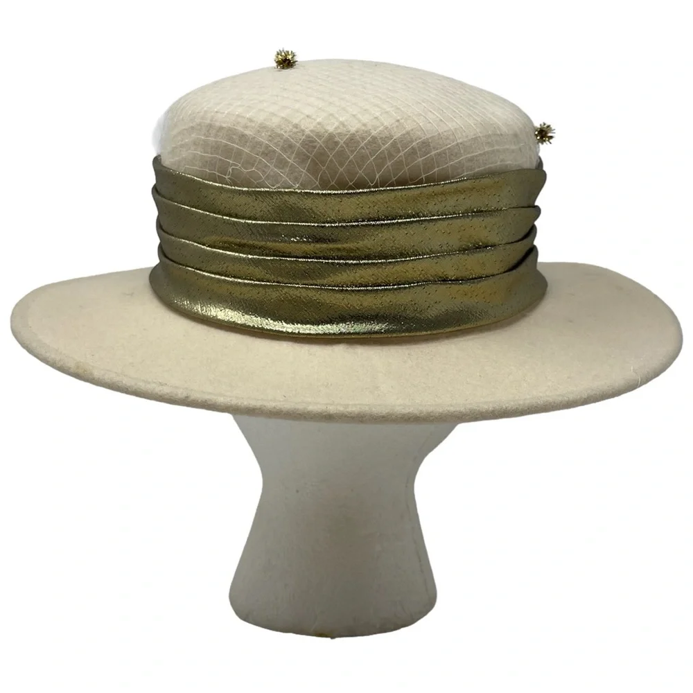 Vintage Michael Howard Designer Hat Cream 100% Wool Felt Hat With Gold Details - Picture 6 of 10